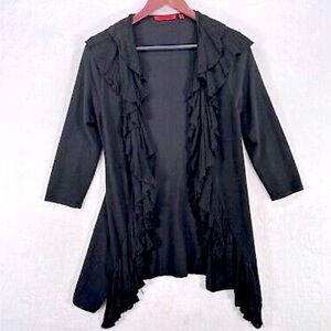 106. Black Ruffle Knit Waterfall Draped  cardigan sweater.